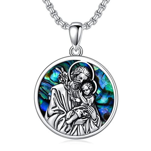 Shusukue Heiliger Joseph Anhänger Kette 925 Sterling Silber Religiöser Rund Medaille Kette Christopher Beschützer Talisman Anhänger Religiöse Schmuck für Frauen Jungen von Shusukue