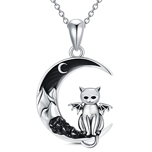 Shusukue Katze Halbmond Kette 925er Sterling Silber, Katzen Mond Halskette Schwarz Damen Gothic Anhänger Schmuck Geschenke für Frauen Mädchen von Shusukue