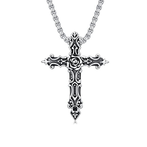 Shusukue Kreuz Anhänger Kette 925 Sterling Silber Rose Kreuz Vintage Halskette Kruzifix Kette Gothic Religiöse Schmuck Geschenk für Frauen Männer Mädchen Jungen (Rose Kreuz Halskette) von Shusukue