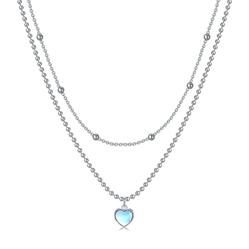 Shusukue Mondstein Kette 925 Sterling Silber Layered Kette Kugelkette mit Herz Mondstein Doppelkette Anhänger Halskette Schmuck Geschenk für Damen von Shusukue
