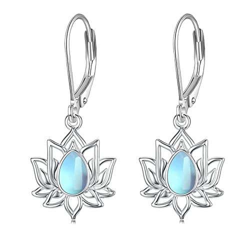 Shusukue Mondstein Ohrringe Silber 925 Hängend, Leverback Mondscheinstein Lotus Schmuck, Geschenke für Mama Damen Frauen von Shusukue