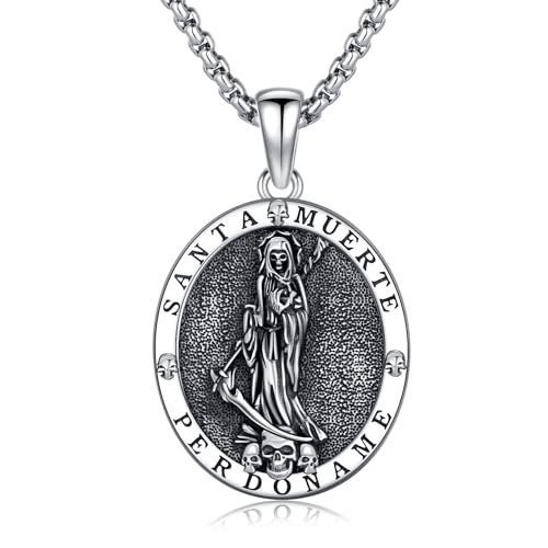 Shusukue Santa Muerte Halskette 925 Sterling Silber Grim Reaper Medaille Halskette, Retro Santa Muerte Aumelt Schutzschmuck Geburtstag Abschlussgeschenk-C von Shusukue