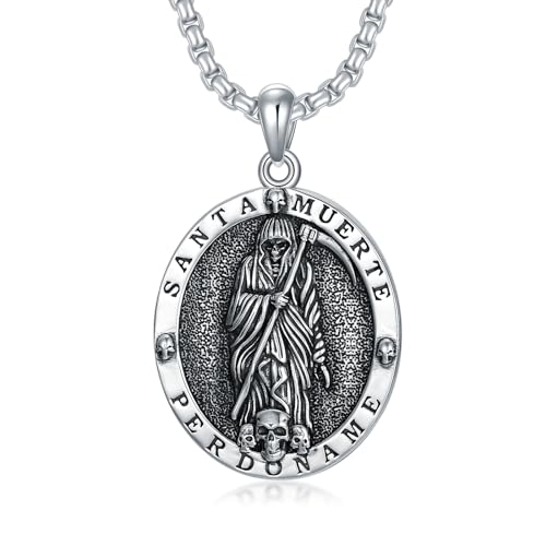 Shusukue Santa Muerte Halskette 925 Sterling Silber Grim Reaper Medaille Halskette, Retro Santa Muerte Aumelt Schutzschmuck Geburtstag Abschlussgeschenk von Shusukue