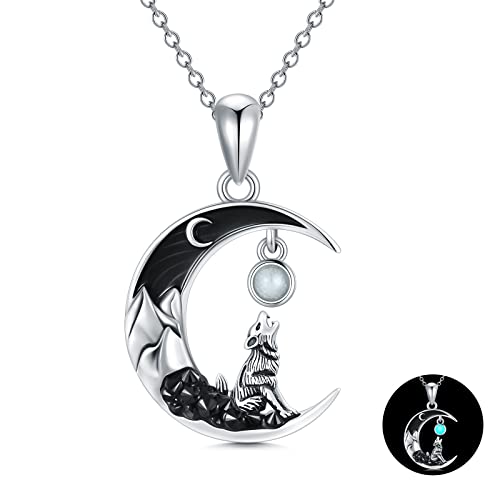 Shusukue Schwarz Wolf Kette 925 Sterling Silber Mond Anhänger Damen Gothic Schmuck mit Leuchtender Stein, Wolf Geschenke für Frauen Mädchen von Shusukue