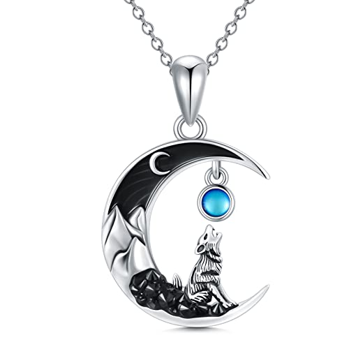 Shusukue Schwarz Wolf Kette 925 Sterling Silber Mondstein Anhänger Mond Schmuck mit Mondstein, Wolf Geschenke für Frauen Mädchen von Shusukue