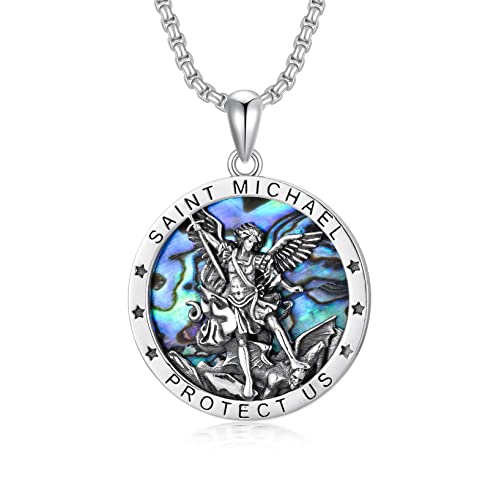 St. Michael Kette Erzengel Saint Michael Amulett Schutzpatron Halskette 925 Sterling Silber, Medaillen Gebetsmünzen Anhänger Christlicher Religiöser Schmuck für Männer (Abalone) von Shusukue