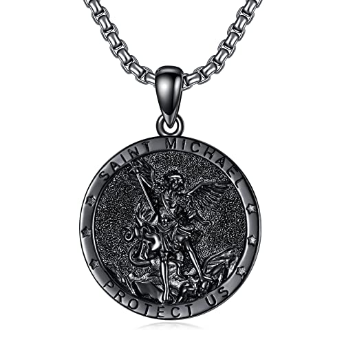 St. Michael Kette Erzengel Saint Michael Amulett Schutzpatron Halskette 925 Sterling Silber, Medaillen Gebetsmünzen Anhänger Christlicher Religiöser Schmuck für Männer (Schwarz) von Shusukue