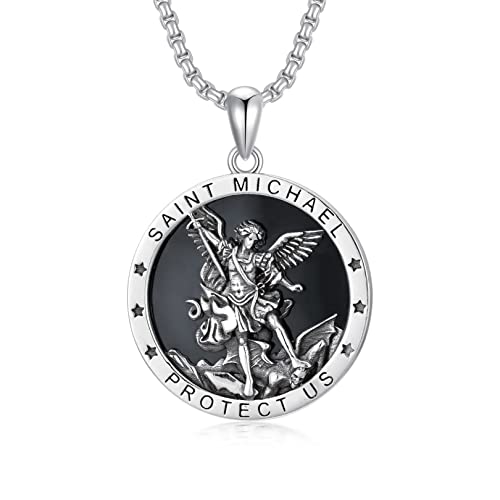 Shusukue St. Michael Kette, Erzengel Saint Michael Amulett Schutzpatron Halskette 925 Sterling Silber, Medaillen Gebetsmünzen Anhänger Religiöser Schmuck für Frauen Männer (Schwarzer Onyx) von Shusukue