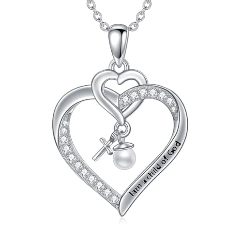 Shusukue Taufe Halskette mit Perle 925 Sterling Silber Herz Kreuz Anhänger Christliche Taufe Geschenke Erstkommunion Unisex 18''+2'' Verlängerung von Shusukue
