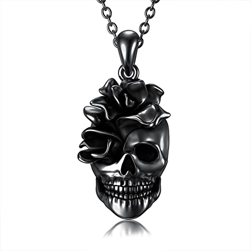 Shusukue Totenkopf Kette 925er Silber Halloween Schädel Halskette Rose Blumen Damen Gothic Geschenk für Frau von Shusukue