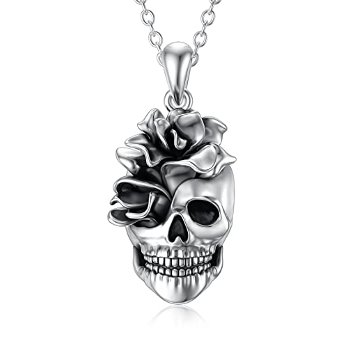 Shusukue Totenkopf Kette 925er Sterling Silber, Halloween Schädel Halskette Rose Totenkopf Geschenke Damen, Gothic Geschenk für Goth-Liebhaber Frau von Shusukue