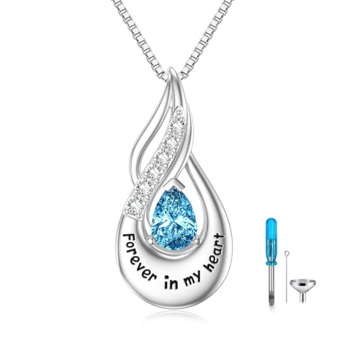 Shusukue Urnenketten für Asche 925 Sterlingsilber Tropfenform Geburtsstein März Unendlichkeits Gedenkkette Für immer in meinem Herzen Asche Anhänger zum Befüllen von Shusukue