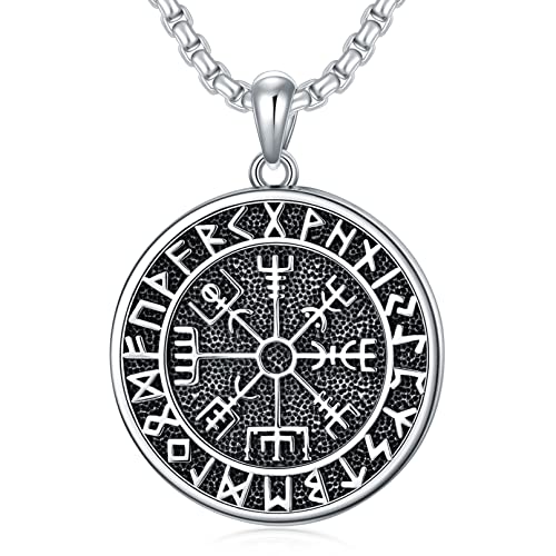 Wikinger Kette Herren 925 Sterling Silber Vegvisir Anhänger Halskette Wikinger Runen Amulett Kette Nordische Viking Schmuck Geschenke für Herren Damen von Shusukue