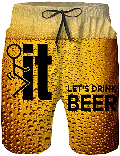 Shuwekk Herren Lustige Bier Badehose Schnell Trocken Strand Shorts Atmungsaktiv Strand Surfen Shorts mit Taschen - Weiß - Medium von Shuwekk