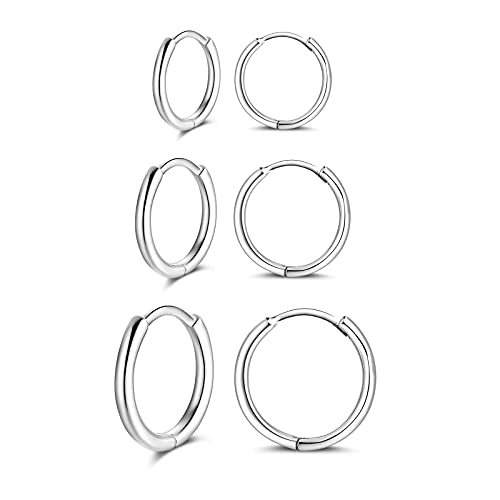 Shuxin Creolen Silber 925 Damen Ohrringe, 3 Paare 925 Sterling Silber Creolen Ohrringe Set, Klein Rund Schlafen Kreolen Ohrringe, Unisex Creolen Ohrringe für Damen Herren, Durchmesser in 10, 12, 14mm von Shuxin