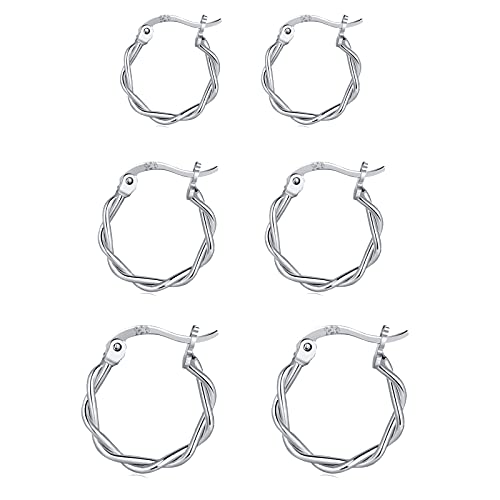 Shuxin Creolen Silber 925 Damen Ohrringe, 3 Paare 925 Sterling Silber Creolen Ohrringe Set, Klein Twist Schlafen Kreolen Ohrringe, Unisex Creolen Ohrringe für Damen Herren, Durchmesser in 13, 15, 20mm von Shuxin