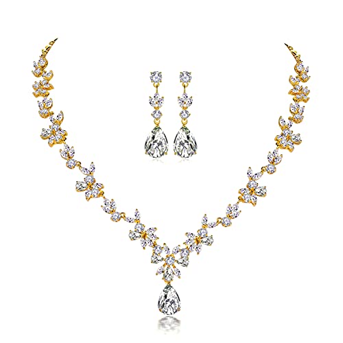 Shuxin Hochzeit Schmuckset für Damen, Gold-Ton Halskette & Ohrringe & Set, Weißgold Plattiert Blumen Braut Schmuck Set mit 5A Weiß Zirkonia, Allergenfrei Hochzeitsschmuck für Braut Brautjungfern von Shuxin