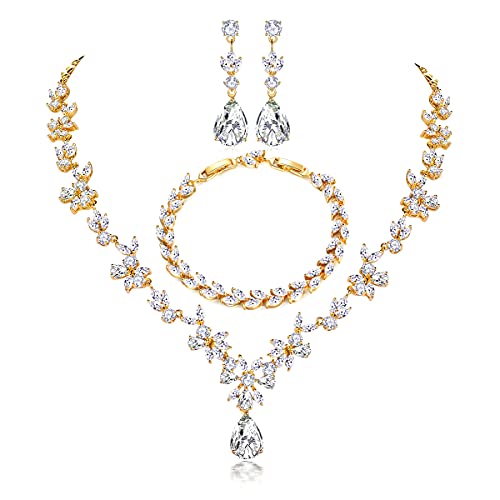 Shuxin Hochzeit Schmuckset für Damen, Halskette & Ohrringe & Armband Set, Gelbgold Plattiert Blumen Braut Schmuck Set mit 5A Weiß Zirkonia, Allergenfrei Hochzeitsschmuck für Braut Brautjungfern von Shuxin