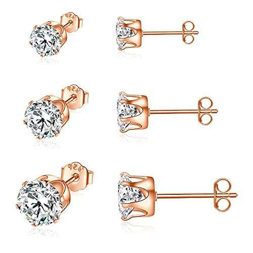 Shuxin Ohrstecker Silber 925 Ohrringe für Damen, 3 Paare 925 Sterling Silber Zirkonia Ohrstecker Ohrringe Set, Rose Gold Klein Schlafen Knorpel Ohrstecker mit 5A Zirkonia, Größe in 3, 5, 7mm von Shuxin