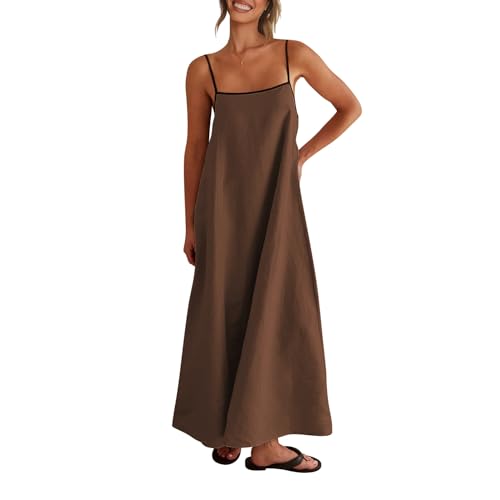 Shy Velvet Damen 2025 Sommer Herbst Leinen Maxikleid Kontrast Spaghettiträger Kleid Rückenfrei Casual Party Slip Kleider, Irish Coffee, Mittel von Shy Velvet