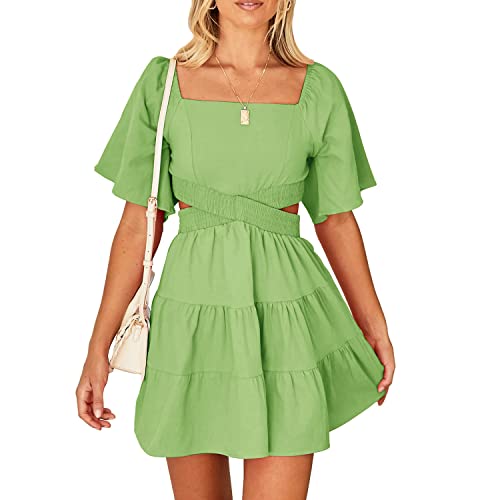 Shy Velvet Sommerkleid für Damen mit V-Ausschnitt, kurzen Ärmeln und überkreuzter Taille, lässiges Minikleid für Partys, Grün, Klein von Shy Velvet