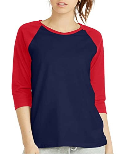 Damen-Baseball-T-Shirt mit 3/4-Ärmeln, Raglan-Shirt, Trikot, Viertelärmel, T-Shirt, Marineblau / Rot, Groß von ShyCloset