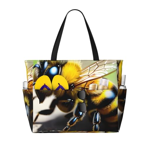 ShyHhts Cute Little Bee Strand-Reisetasche mit großem Fassungsvermögen, Damen-Handtasche ist wasserdicht und sanddicht, geeignet für Reisen, Strandurlaub usw., Schwarz von ShyHhts