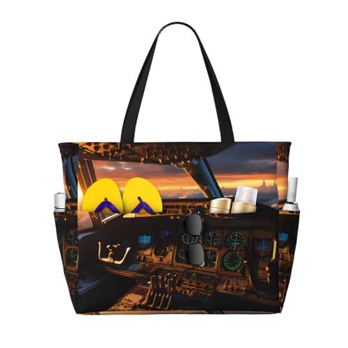 ShyHhts Flugzeug-Cockpit, große Kapazität, Strand-Reisetasche, Damen-Handtasche ist wasserdicht und sanddicht, geeignet für Reisen, Strandurlaub usw., schwarz von ShyHhts