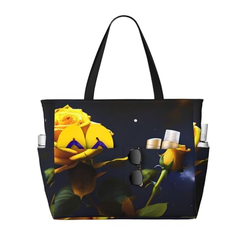 ShyHhts Gelbe Rosen, Sternennacht, große Kapazität, Strand-Reisetasche, Damen-Handtasche ist wasserdicht und sanddicht, geeignet für Reisen, Strandurlaub usw. von ShyHhts
