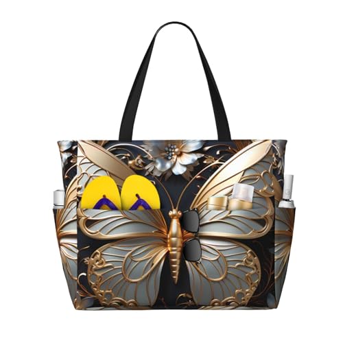 ShyHhts Gold-weiße Schmetterlinge, große Kapazität, Strand-Reisetasche, Damen-Handtasche ist wasserdicht und sanddicht, geeignet für Reisen, Strandurlaub usw. von ShyHhts
