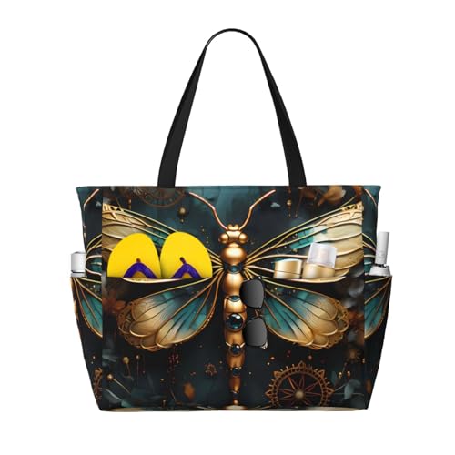 ShyHhts Goldfarbene zarte Libellen-Blume, große Kapazität, Strand-Reisetasche, Damen-Handtasche ist wasserdicht und sanddicht, geeignet für Reisen, Strandurlaub usw. von ShyHhts