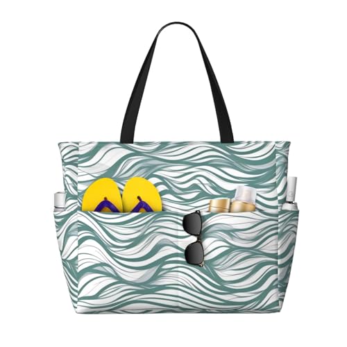 ShyHhts Grüne Wellenstreifen, große Kapazität, Strand-Reisetasche, Damen-Handtasche ist wasserdicht und sanddicht, geeignet für Reisen, Strandurlaub usw. von ShyHhts