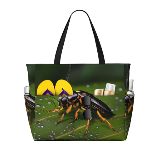 ShyHhts Insects On Leaves Strand-Reisetasche, große Kapazität, Damen-Handtasche ist wasserdicht und sanddicht, geeignet für Reisen, Strandurlaub usw., Schwarz, Einheitsgröße von ShyHhts