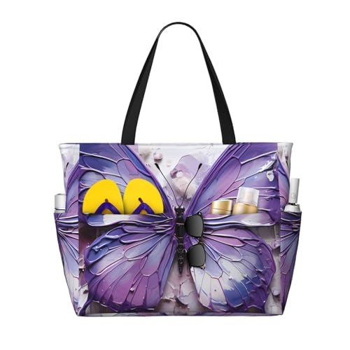 ShyHhts Lila Ölgemälde Schmetterling große Kapazität Strand Reisetasche Damen Handtasche ist wasserdicht und sanddicht, geeignet für Reisen, Strandurlaub usw., Schwarz von ShyHhts