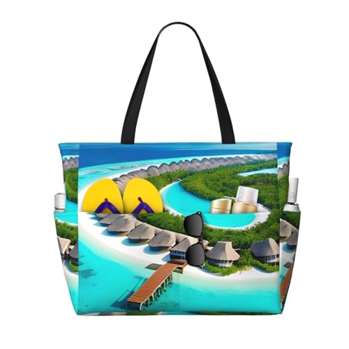 ShyHhts Maledives Scenery Strand-Reisetasche mit großem Fassungsvermögen, Damen-Handtasche ist wasserdicht und sanddicht, geeignet für Reisen, Strandurlaub usw. von ShyHhts