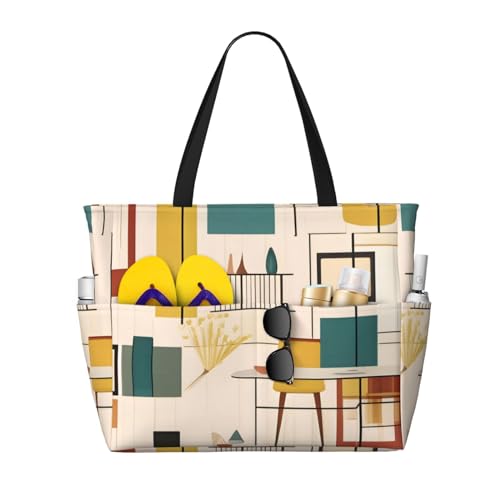 ShyHhts Mid Century Moderne Strand-Reisetasche mit großem Fassungsvermögen, Damen-Handtasche ist wasserdicht und sanddicht, geeignet für Reisen, Strandurlaub usw., Schwarz von ShyHhts