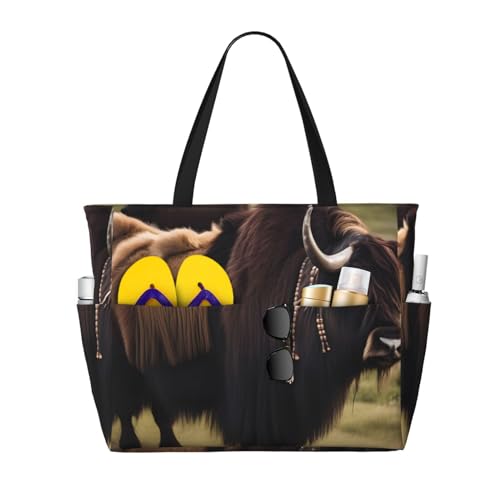ShyHhts Mighty Highland Yak Strand-Reisetasche mit großem Fassungsvermögen, Damen-Handtasche ist wasserdicht und sanddicht, geeignet für Reisen, Strandurlaub usw., Schwarz von ShyHhts
