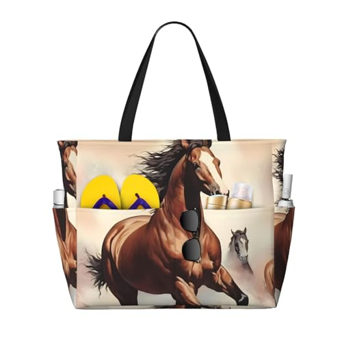 ShyHhts Prancing Brown Horse große Kapazität Strand-Reisetasche, Damen-Handtasche ist wasserdicht und sanddicht, geeignet für Reisen, Strandurlaub usw., Schwarz von ShyHhts