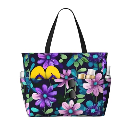 ShyHhts Purple Camellia Strand-Reisetasche, große Kapazität, Damen-Handtasche ist wasserdicht und sanddicht, geeignet für Reisen, Strandurlaub usw., Schwarz von ShyHhts