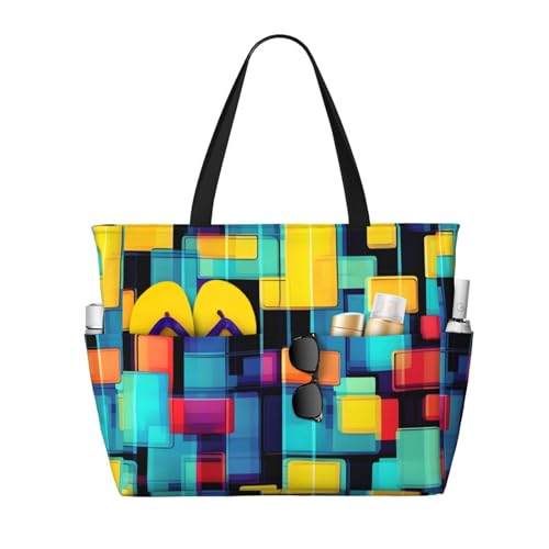 ShyHhts Quadratisches Geometrie-Diagramm, große Kapazität, Strand-Reisetasche, Damen-Handtasche ist wasserdicht und sanddicht, geeignet für Reisen, Strandurlaub usw., Schwarz von ShyHhts