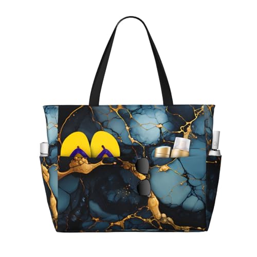 ShyHhts Schwarz-goldfarbene marmorierte Strand-Reisetasche, Damen-Handtasche ist wasserdicht und sanddicht, geeignet für Reisen, Strandurlaub usw. von ShyHhts