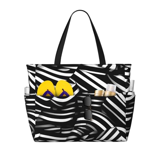 ShyHhts Schwarze und weiße Linien, große Kapazität, Strand-Reisetasche, Damen-Handtasche ist wasserdicht und sanddicht, geeignet für Reisen, Strandurlaub usw. ShyHhts Schwarze und weiße Linien, große Kapazität, Strand-Reisetasche, Damen-Handtasche ist wasserdicht und sanddicht, geeignet für Reisen, Strandurlaub usw. von ShyHhts