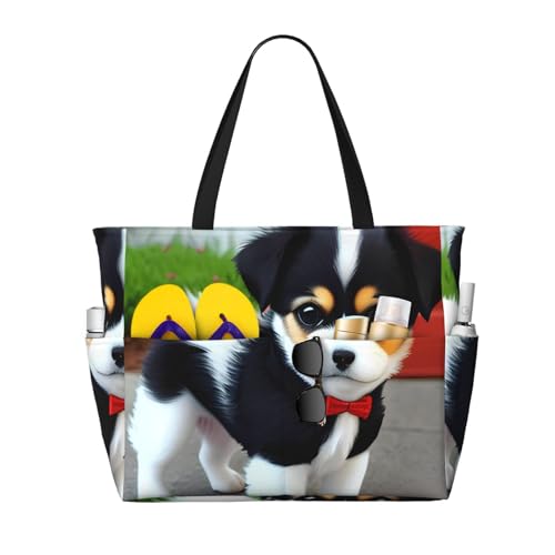 ShyHhts Schwarze und weiße Welpen-Reisetasche mit großem Fassungsvermögen, Damen-Handtasche ist wasserdicht und sanddicht, geeignet für Reisen, Strandurlaub usw. von ShyHhts