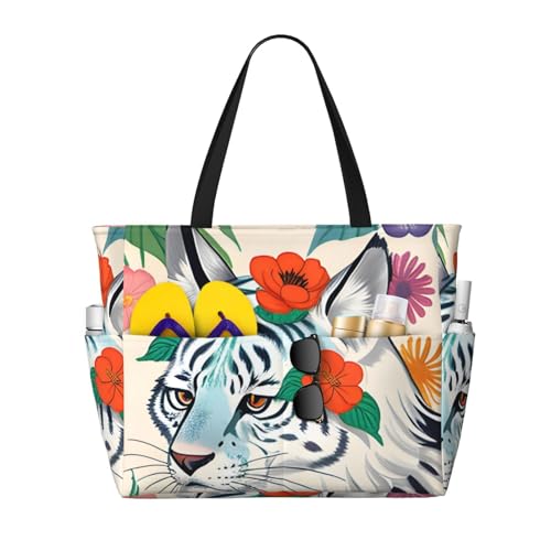 ShyHhts Süße weiße Tiger-Strand-Reisetasche, Damen-Handtasche ist wasserdicht und sanddicht, geeignet für Reisen, Strandurlaub usw., Schwarz von ShyHhts