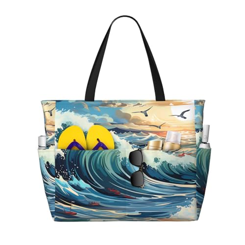 ShyHhts Wave Segelboot Möwe Große Kapazität Strand Reisetasche Damen Handtasche ist wasserdicht und sanddicht, geeignet für Reisen, Strandurlaub usw., Schwarz ShyHhts Wave Segelboot Möwe Große Kapazität Strand Reisetasche Damen Handtasche ist wasserdicht und sanddicht, geeignet für Reisen, Strandurlaub usw., Schwarz von ShyHhts