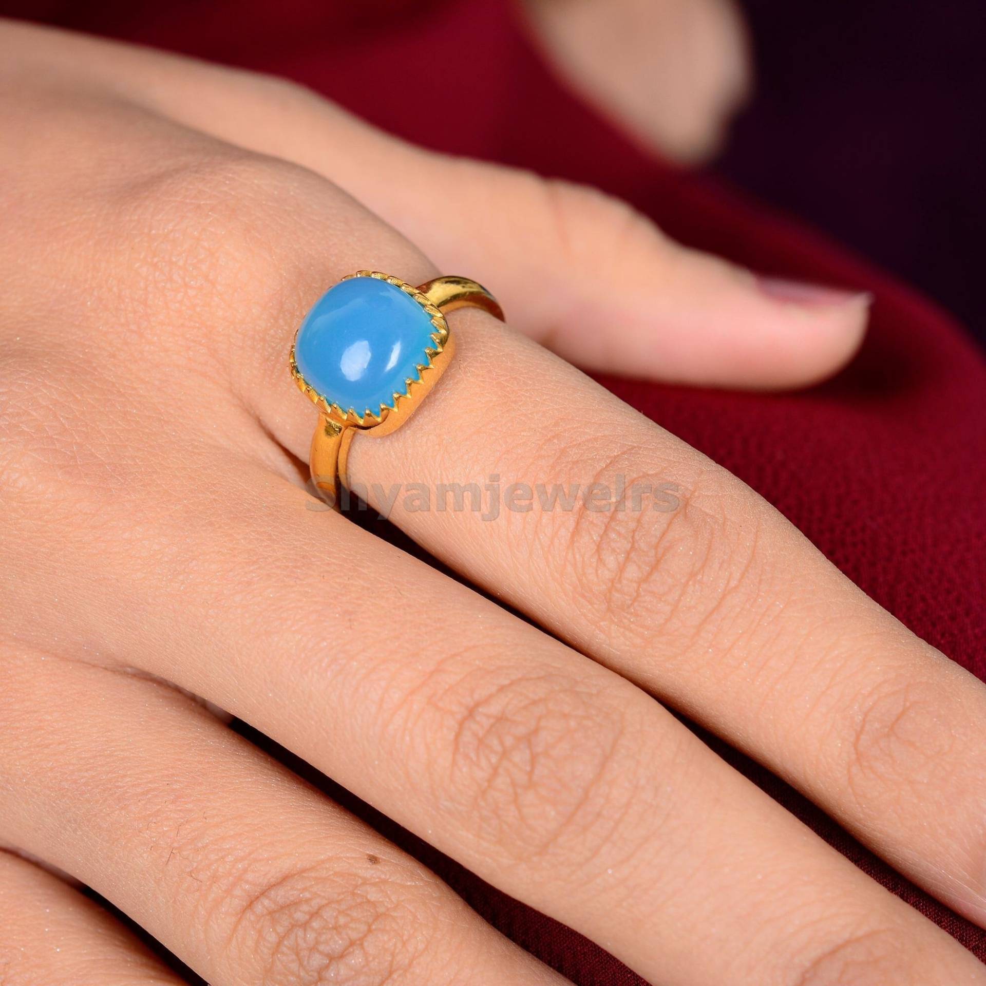 Aqua Chalcedon Ring, Blue Edelstein Kissen 925 Sterling Silber Gold Gefüllt Handgefertigter Ring Für Frauen, Geschenk von Shyamjewelrs