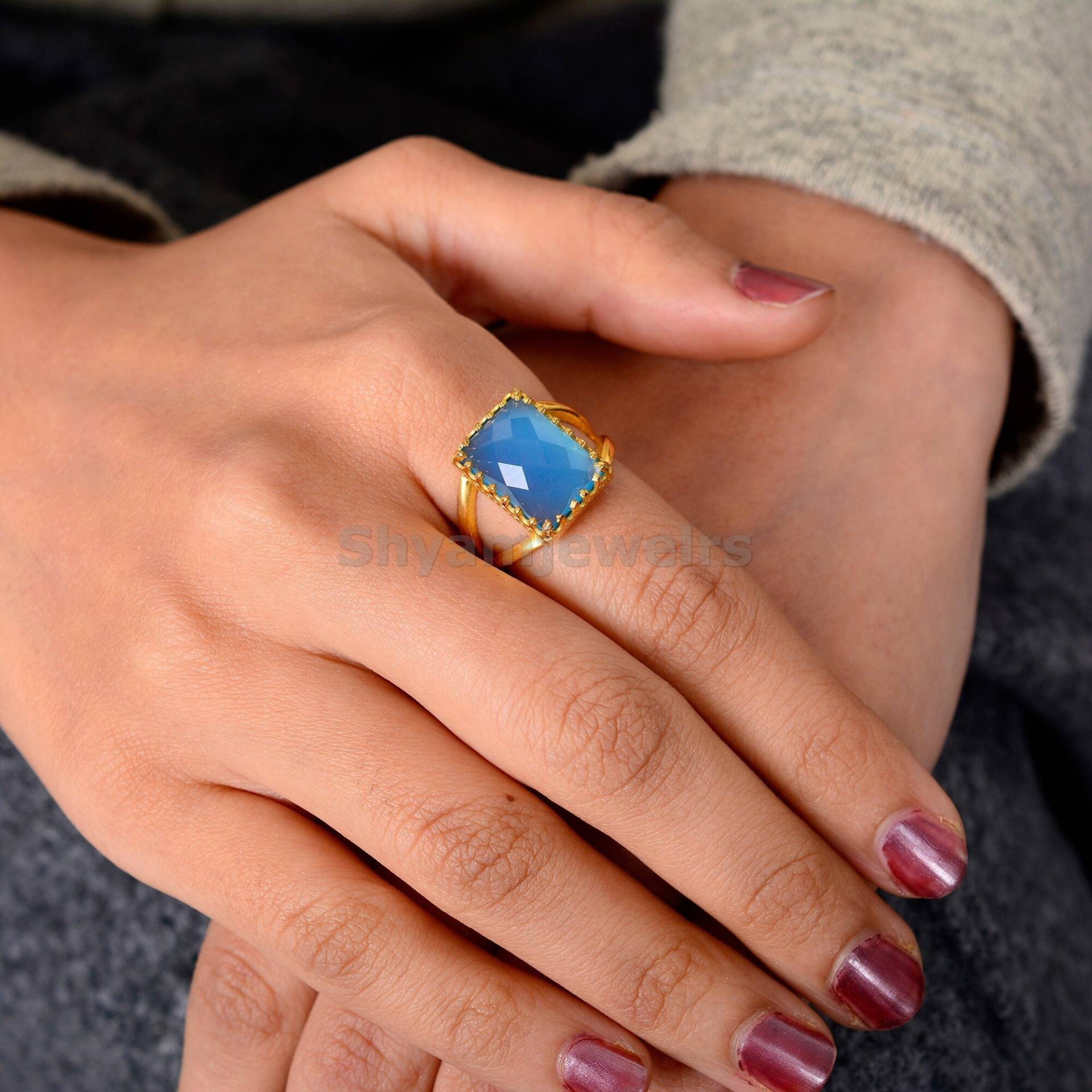 Blaue Edelsteinringe, Statement-Ring Aus 925Er Sterlingsilber, Facettierte Natürliche Aquablaue Chalcedon-Ringe, 10x14mm Kissen-Goldring von Shyamjewelrs