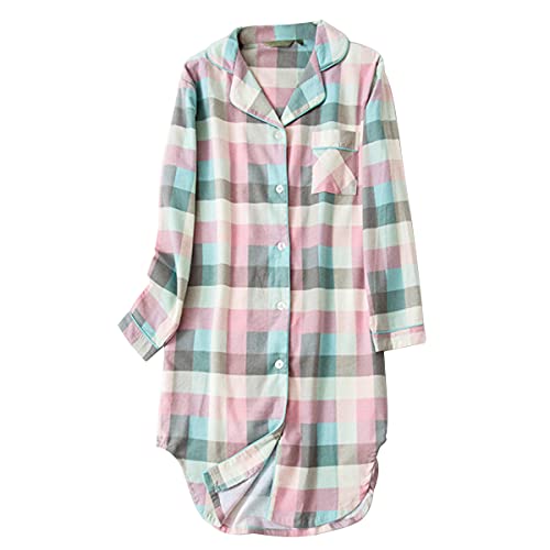 Shymay Damen Flanell Baumwolle Nachthemd Button Down Nachthemd Langarm Schlafhemd Kleid Nachtwäsche Pyjama Top, Pink, Medium von Shymay