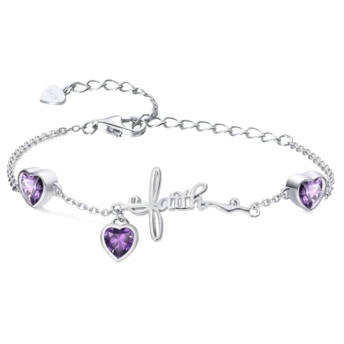 Qings Februar Amethyst Geburtsstein Armband mit 3 Herz Zirkonias Sterling Silber 925 Verstellbare Kreuz Glaube Armbänder für Mädchen Damen Geburtstag Weihnachten Geschenk von Shysnow