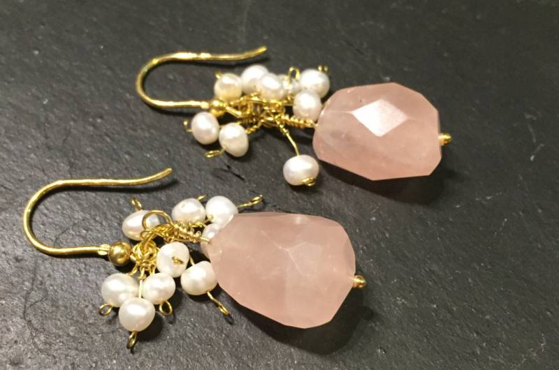 Bellini >> Rose Chalcedon Ohrringe, Süßwasser Perle Cluster, Gold Überzogene Sterlingsilber Handgefertigt Bellini >> Rose Chalcedon Ohrringe, Süßwasser Perle Cluster, Gold Überzogene Sterlingsilber Handgefertigt von SiJewelryDesign